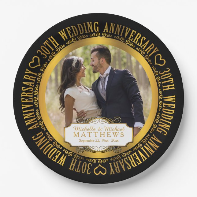 30th Wedding Anniversary Photo Black | Gold Tone Paper Plate (Front)