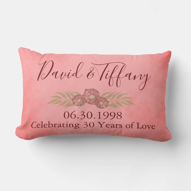30th Wedding Anniversary Pink Personalise Floral Lumbar Cushion (Front)