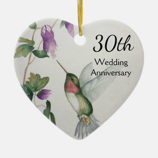 30th Wedding Anniversary Pretty Bird Flowers Heart Ceramic Tree Decoration (Front)
