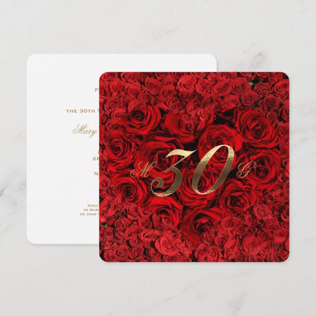 30th Wedding Anniversary Red Roses Heart Elegant I Invitation (Front/Back)