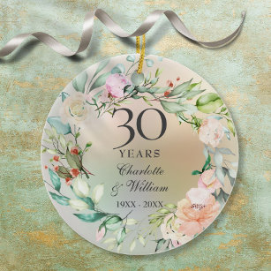 30th Wedding Anniversary Roses Garland Pearl Ceramic Tree Decoration