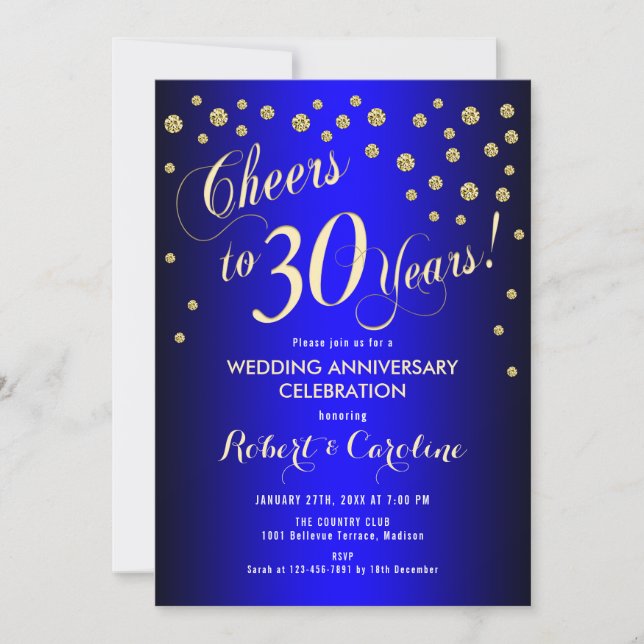 30th Wedding Anniversary - Royal Blue & Gold Invitation (Front)