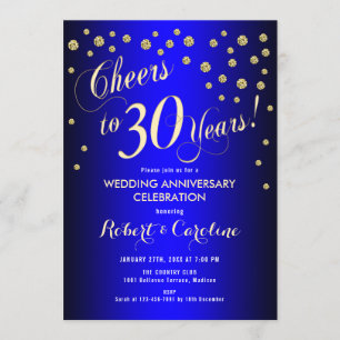 30th Wedding Anniversary - Royal Blue & Gold Invitation