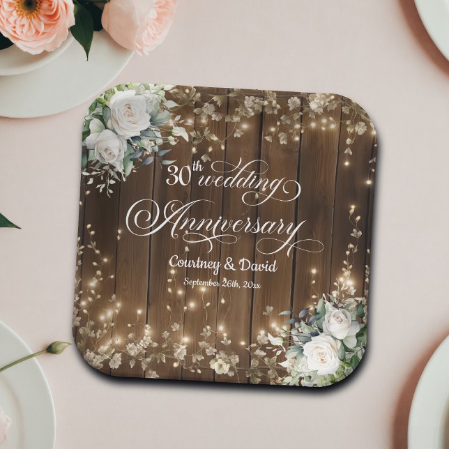 30th Wedding Anniversary Rustic String Lights  Paper Plate (Creator Uploaded)