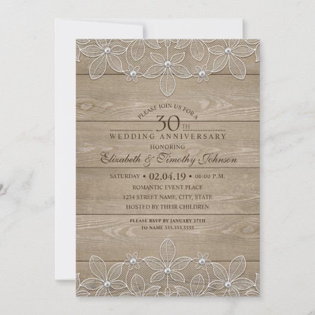 30th Wedding Anniversary Rustic Wood Vintage Lace Invitation (Front)