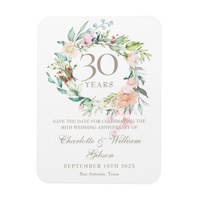 30th Wedding Anniversary Save the Date Floral Magnet (Vertical)