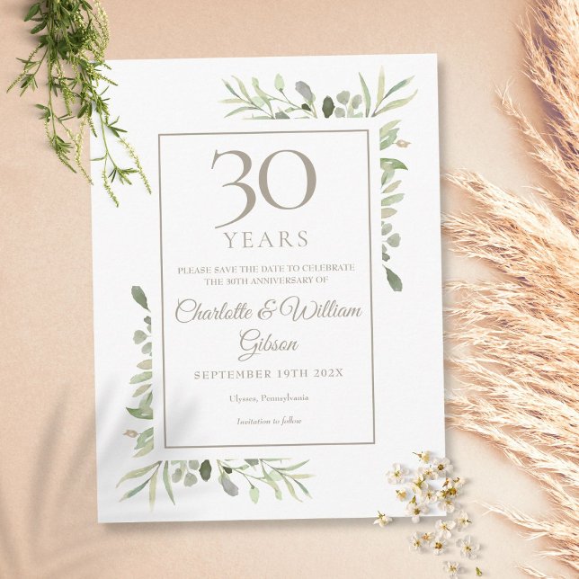 30th Wedding Anniversary Save the Date Greenery Postcard (Creator Uploaded)