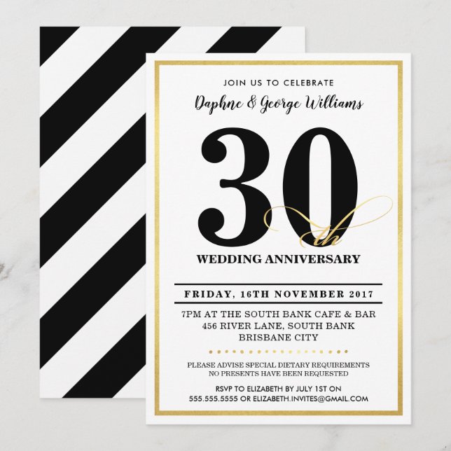 30TH WEDDING ANNIVERSARY stylish gold INVITES (Front/Back)