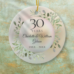 30th Wedding Anniversary Watercolor Greenery Pearl Ceramic Tree Decoration