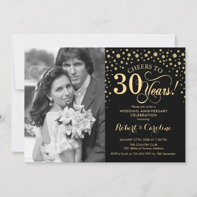 30th Wedding Anniversary with Photo - Gold Black Invitation (Front)