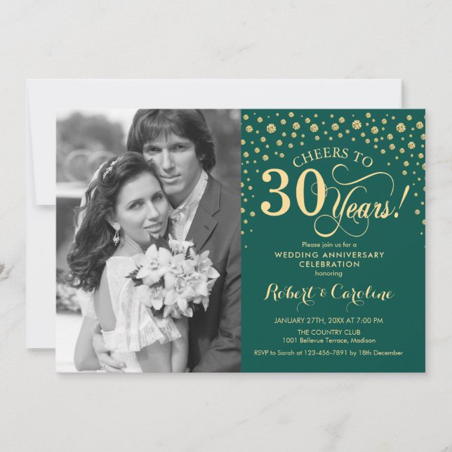 30th Wedding Anniversary with Photo - Green Gold Invitation (Front)