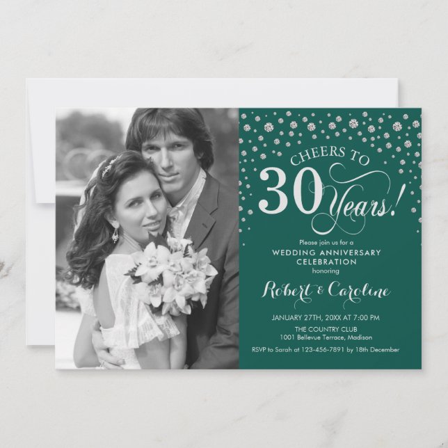 30th Wedding Anniversary with Photo - Green Silver Invitation (Front)