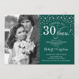 30th Wedding Anniversary with Photo - Green Silver Invitation