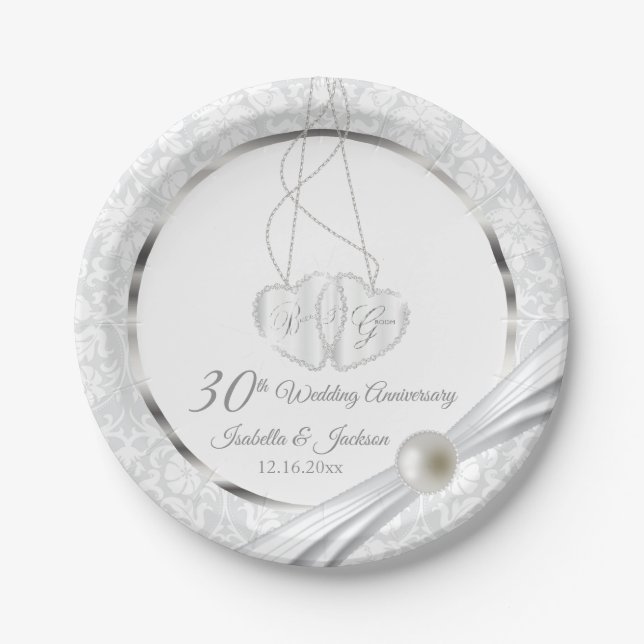 30th  White Pearl Wedding Anniversary Design Paper Plate (Front)