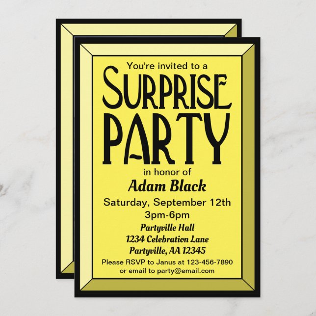 30th Yellow Art Deco Photo Birthday Surprise Party Invitation (Front/Back)
