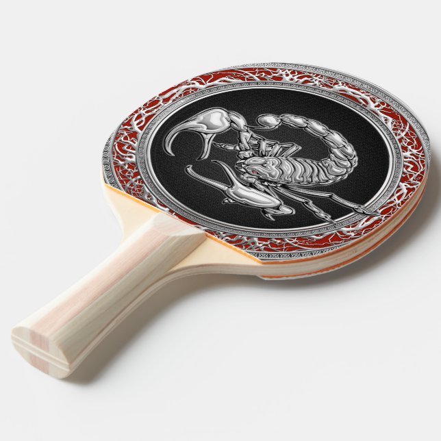 [310] Sacred Silver Scorpion on Black Ping Pong Paddle (Back Angle)