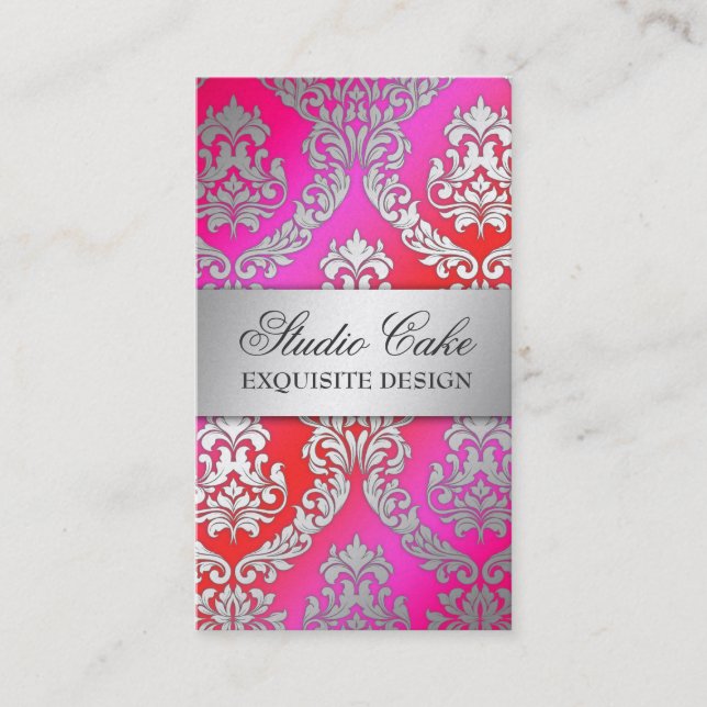 311 Alonnah Damask Cherry Cake Pink & Red Business Card (Front)