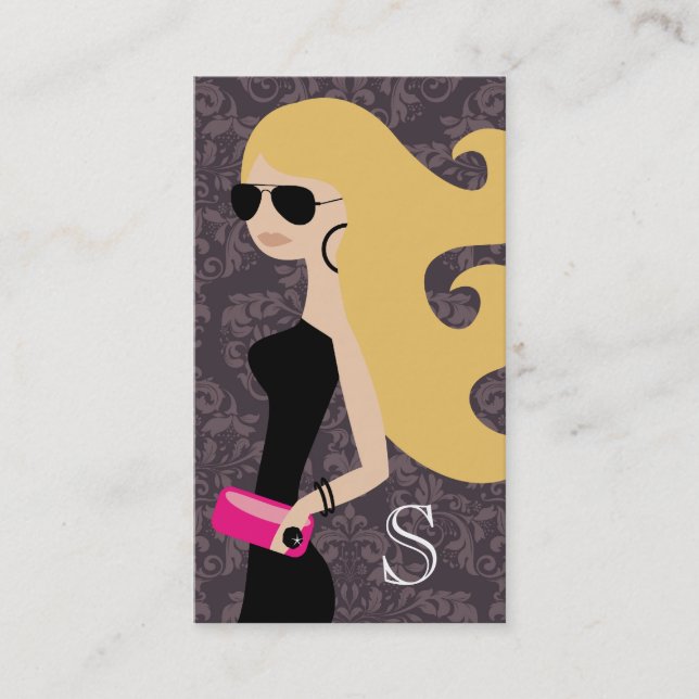 311 Aviator Fashionista Blonde Hot Pink Damask Business Card (Front)