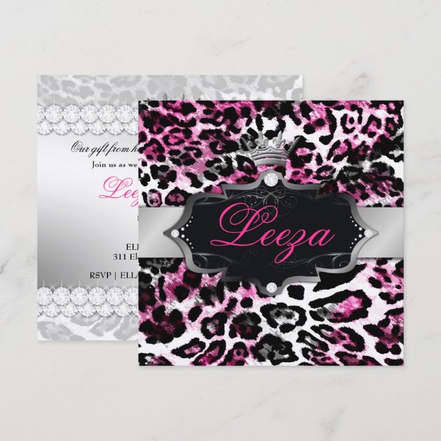 311-Baroque Princess Black Pink Leopard Metallic Invitation (Front/Back)