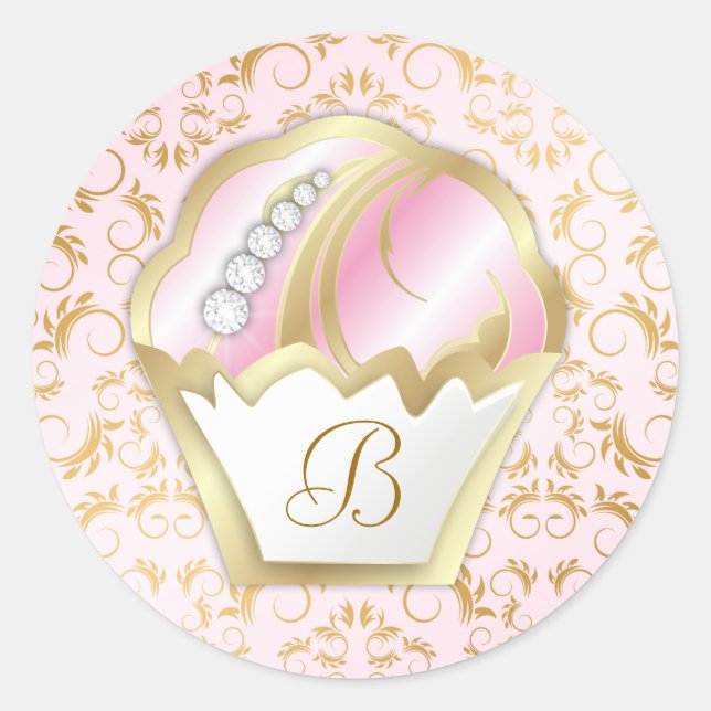 311 Bejeweled Cakes Monogram Pink Background Classic Round Sticker (Front)