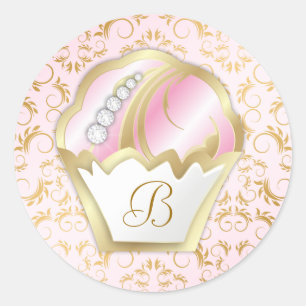 311 Bejeweled Cakes Monogram Pink Background Classic Round Sticker
