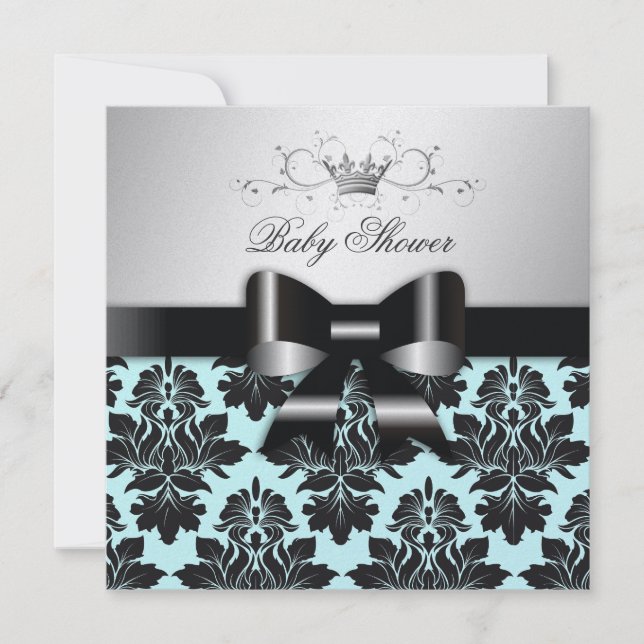 311 Blackberry Blue Damask Black Bow | Baby Shower Invitation (Front)