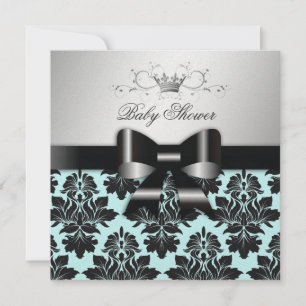 311 Blackberry Blue Damask Black Bow   Baby Shower Invitation