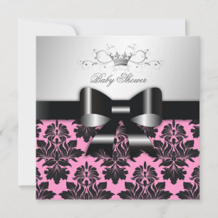 311-Blackberry Pink Damask Black Bow   Baby Shower Invitation