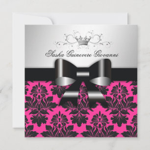 311-Blackberry Pink Damask Black Bow   Sweet 16 Invitation