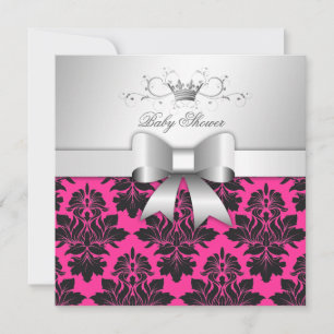 311-Blackberry Pink Damask Bow   Baby Shower Invitation
