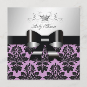 311 Blackberry Purple Damask Black Bow   Baby Invitation