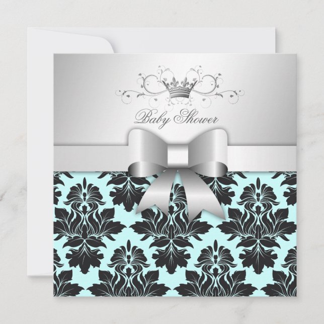 311-Blackberry Sweet Blue Damask Bow | Baby Shower Invitation (Front)