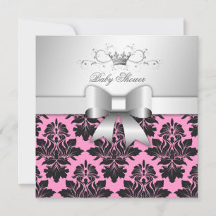 311-Blackberry Sweet Pink Damask Bow Baby Shower Invitation