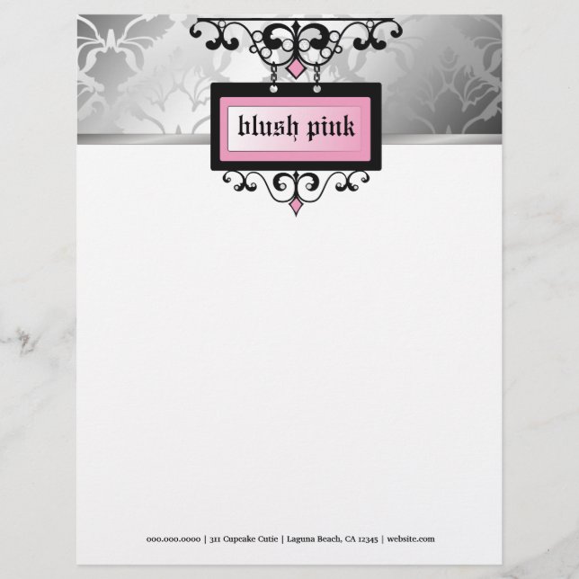 311 Blush Pink Damask Shimmer Personalized Letterhead (Front)
