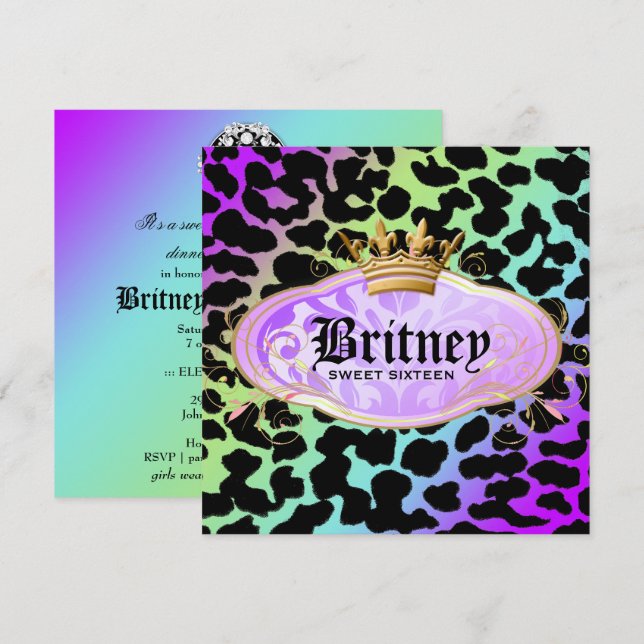 311 Bodacious Leopard Damask Amethyst Rainbow Invitation (Front/Back)