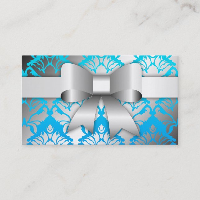 311-Bow-licious Tropical Blue Damask Business Card (Front)