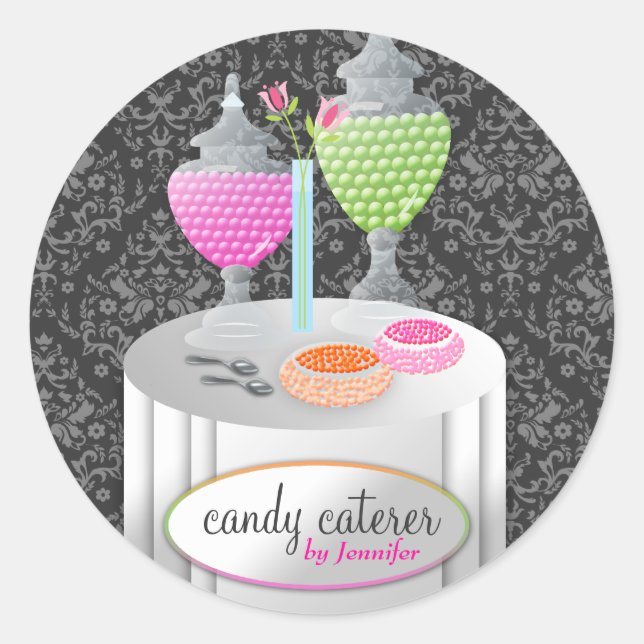 311-Candy Caterer | Grey Damask Classic Round Sticker (Front)