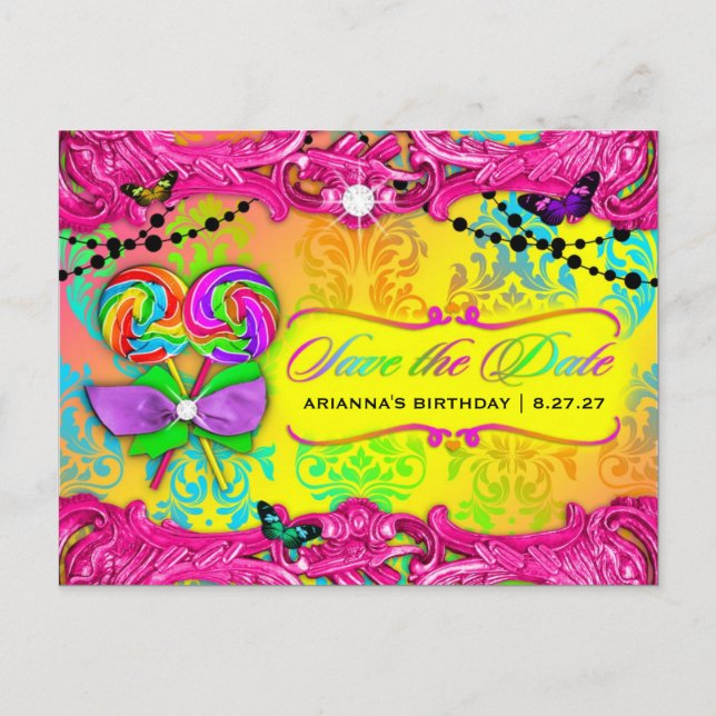 311 CANDY Wonderland Pink Sweet 16 Save the Date Announcement Postcard (Front)