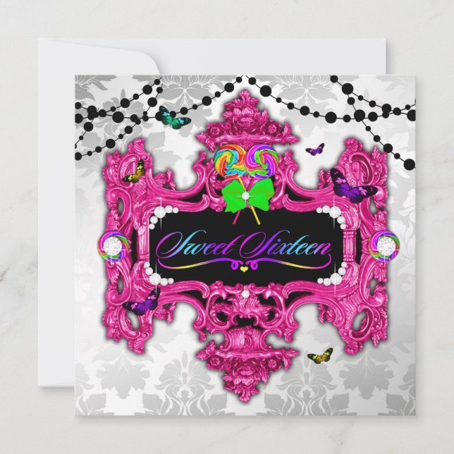 311 Candy Wonderland Pink White Damask Invitation (Front)
