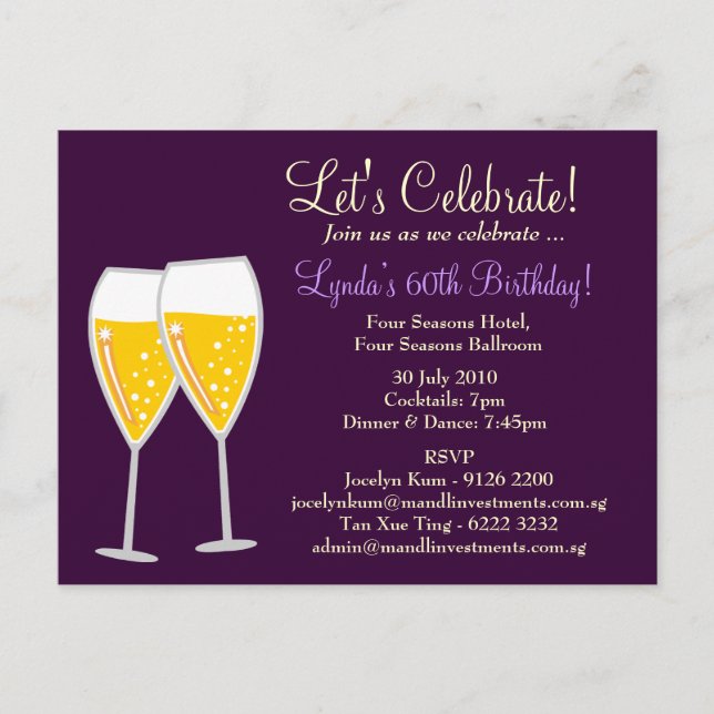 311-CHAMPAGNE CELEBRATION PURPLE INVITATION POSTCARD (Front)
