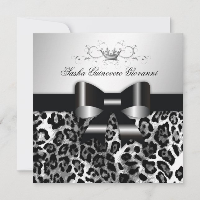 311- Chic Black Leopard Bow  | Sweet 16 Invitation (Front)
