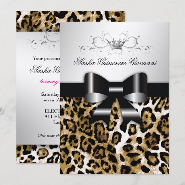 311 Chic Brown Leopard Bow 5x7 | Silver Metallic Invitation (Front/Back)