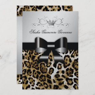 311 Chic Brown Leopard Bow 5x7 Silver Metallic Invitation