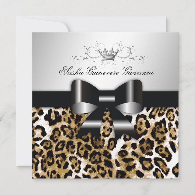 311- Chic Brown Leopard Bow  | Sweet 16 Invitation (Front)