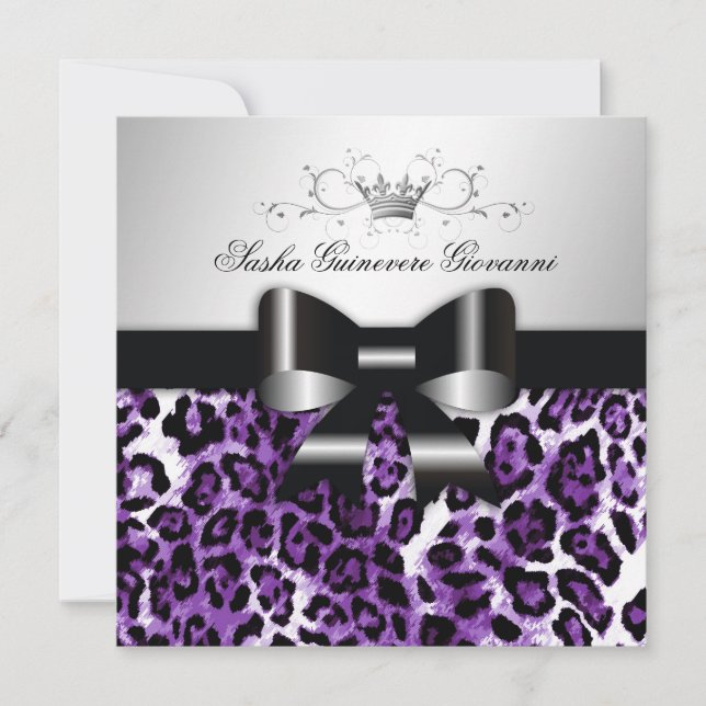 311- Chic Hot Lilac Leopard Bow  | Sweet 16 Invitation (Front)