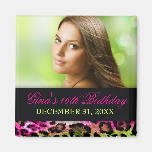 311 Chic Hot Pink Lime Leopard Bow Save the Date Magnet (Front)