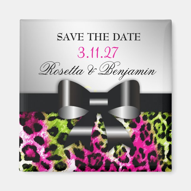 311 Chic Hot Pink Lime Leopard Bow Save the Date Magnet (Front)
