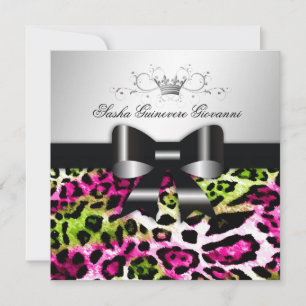 311- Chic Hot Pink Lime Leopard Bow    Sweet 16 Invitation