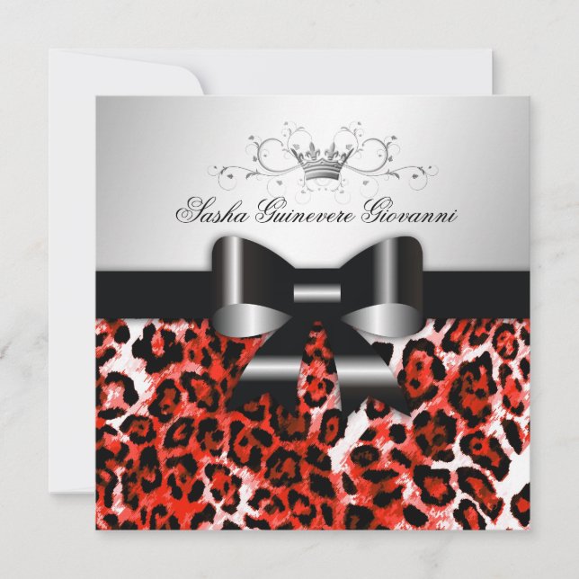 311- Chic Hot Rouge Leopard Bow  | Sweet 16 Invitation (Front)