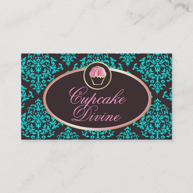 311 Cupcake Divine Solid Aqua Damask Business Card (Front)